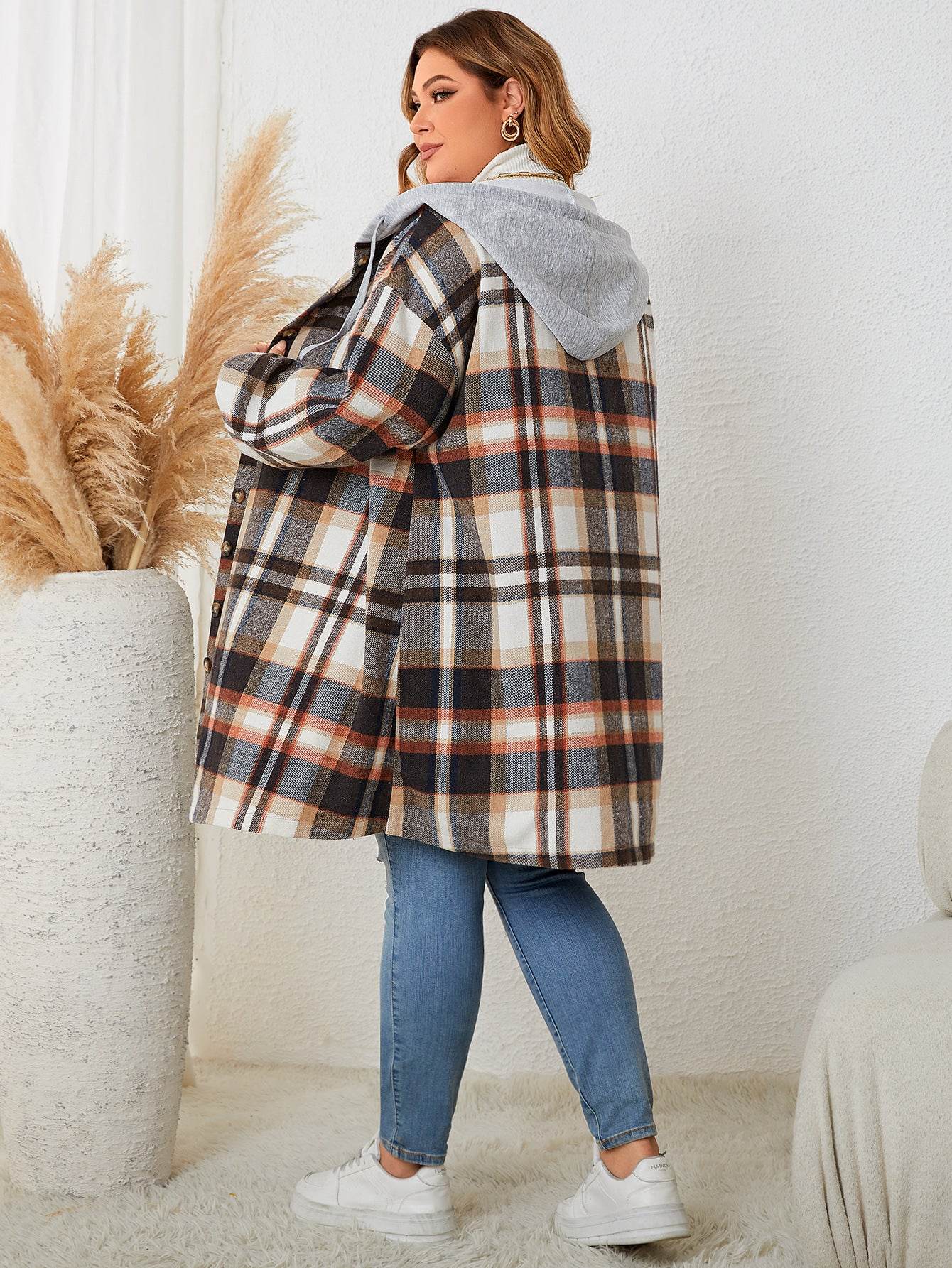 Buycenter Plus-Size Women's Plaid Hooded Trench Coat - Autumn Winter Style - Buy Center