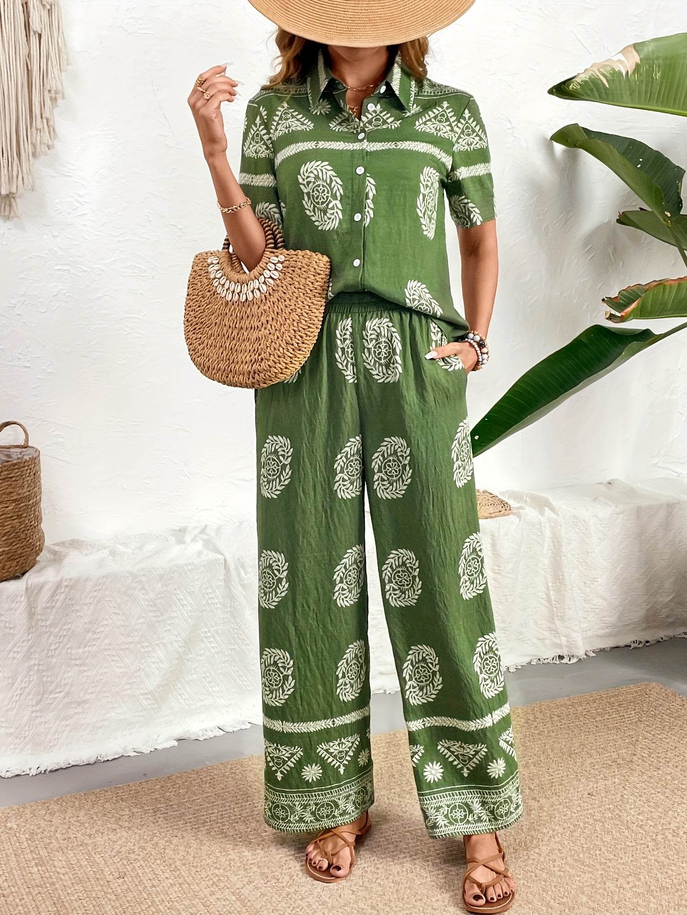 Ethnic Print Cardigan & Wide Leg Pants Set - Elegant Summer Style - Buy Center