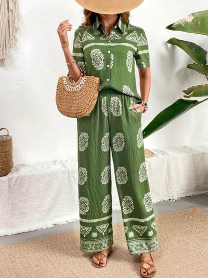 Ethnic Print Cardigan & Wide Leg Pants Set - Elegant Summer Style - Buy Center