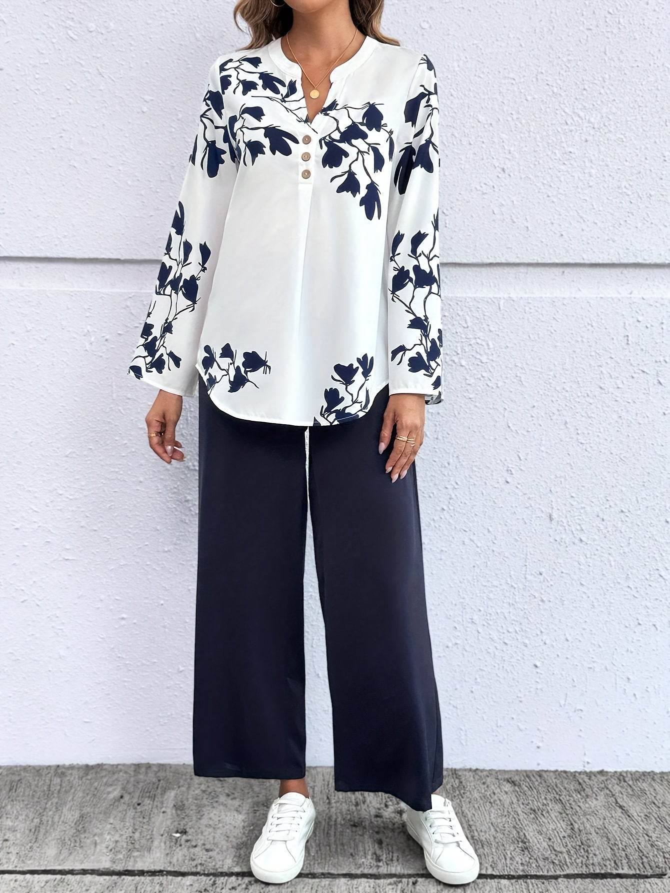 Women's Floral Print V-Neck Top & Pants Set - White Blue Casual Style - Buy Center