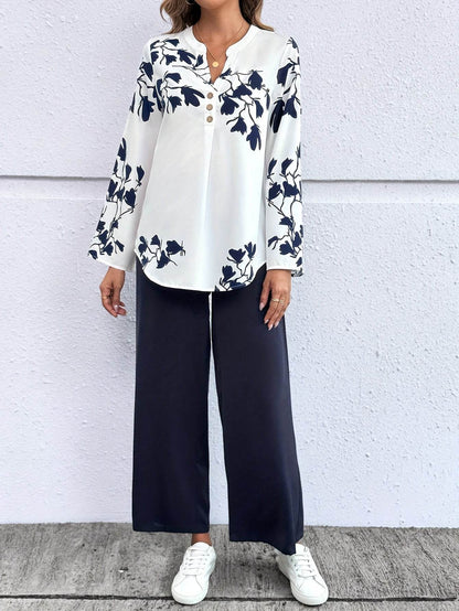 Women's Floral Print V-Neck Top & Pants Set - White Blue Casual Style - Buy Center