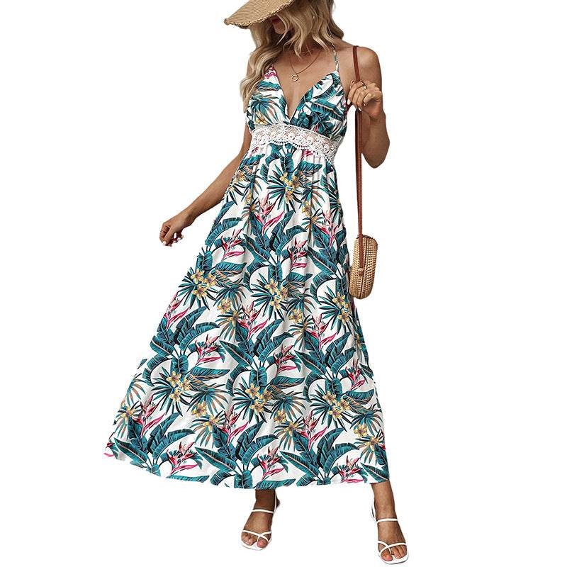 Buycenter Summer Island Style Dress - Elegant Plant Print, A-Line Skirt - Buy Center