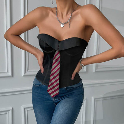 Women's Lace-up Satin Camisole - Trendy Solid Color Strapless Top - Buy Center