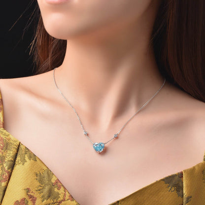 Ocean Blue Heart-shaped Zircon Necklace - S925 Silver Clavicle Chain - Buy Center