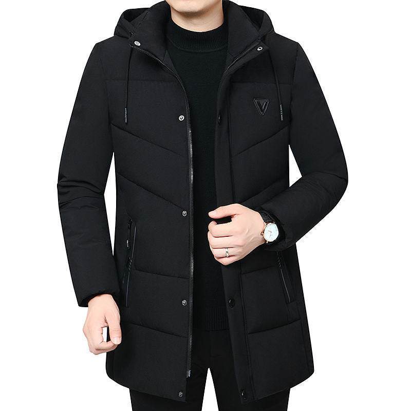 Thickened Men's Winter Coat - Stylish V-Neck Jacket in Black & Dark Blue - Buy Center