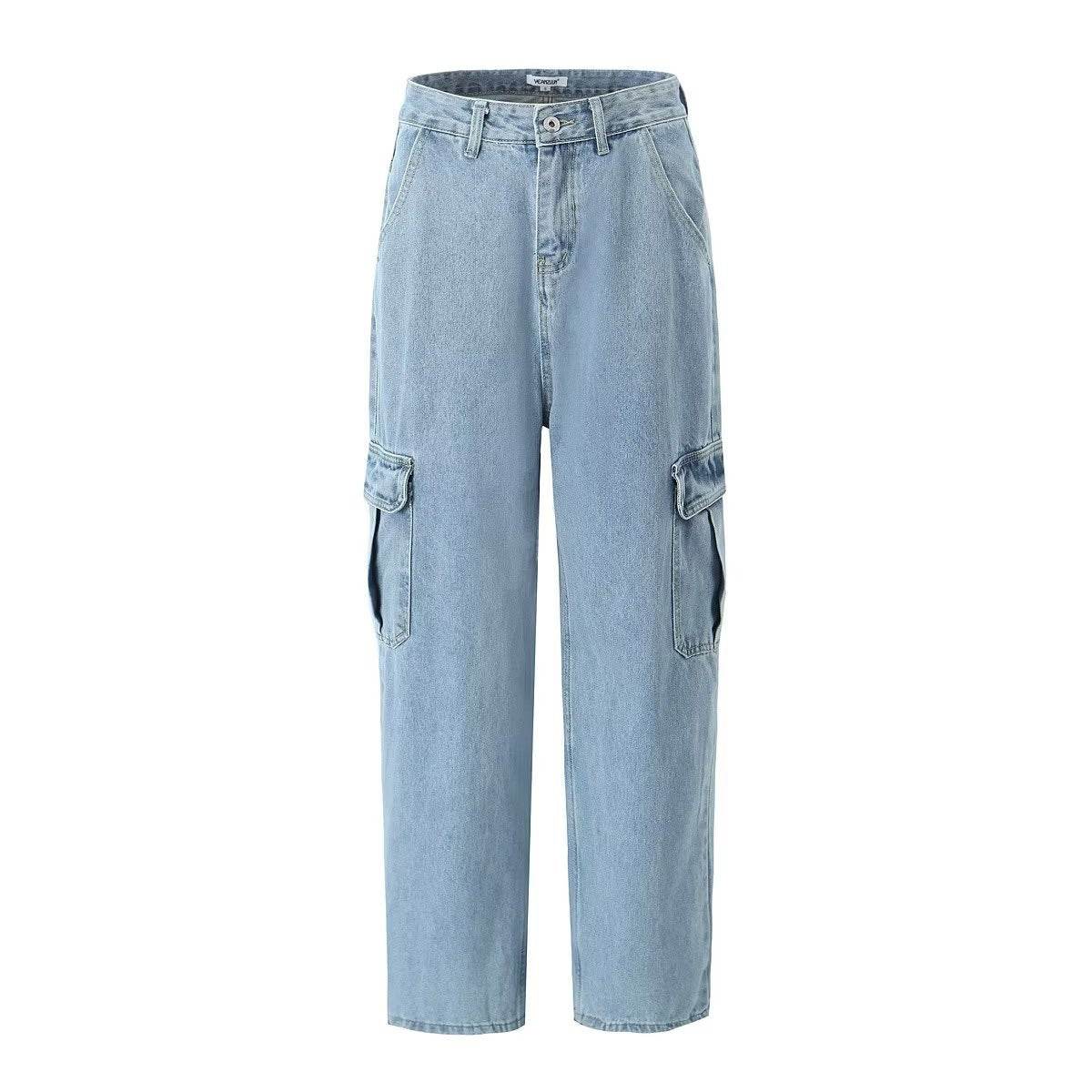 High Waist Loose Cargo Jeans for Men - Stylish Denim Blue Boyfriend Fit - Buy Center