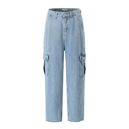 High Waist Loose Cargo Jeans for Men - Stylish Denim Blue Boyfriend Fit - Buy Center