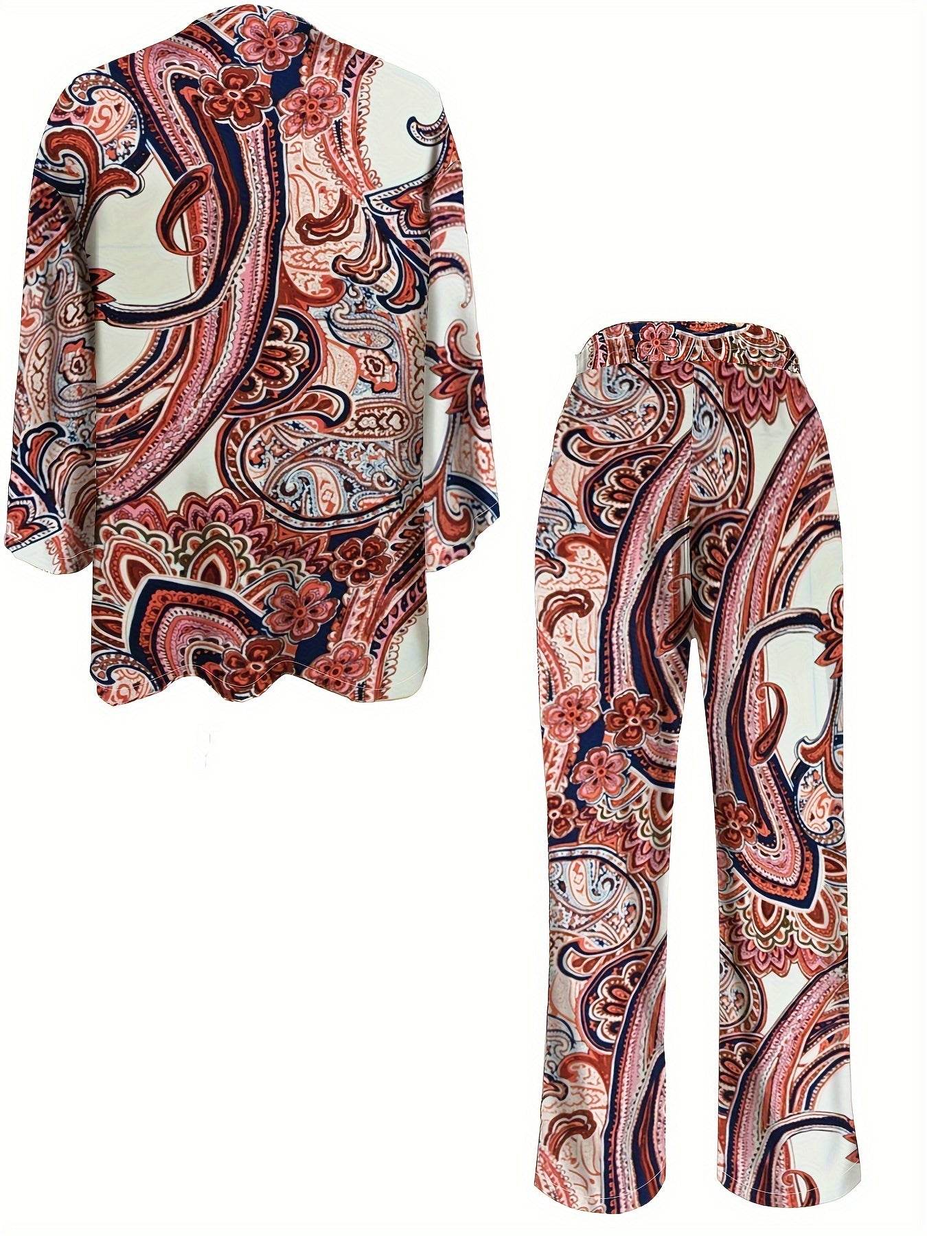 Boho Paisley Print Pants Set - Long Sleeve Blouse & Straight Leg Outfits - Buy Center