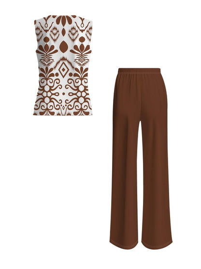 Elegant Women's Floral Print Top & Wide Leg Pants Set - Casual Wear - Buy Center