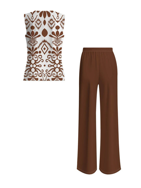 Elegant Women's Floral Print Top & Wide Leg Pants Set - Casual Wear - Buy Center