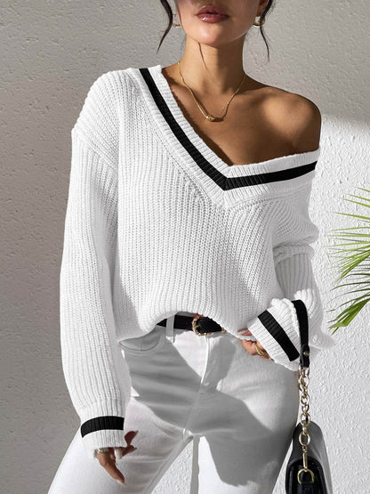 Buycenter Women's V-neck Color Block Sweater - Casual Pullover Style - Buy Center
