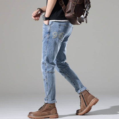 Men's Elastic Stitching Embroidered Jeans - Light Blue Denim Style - Buy Center