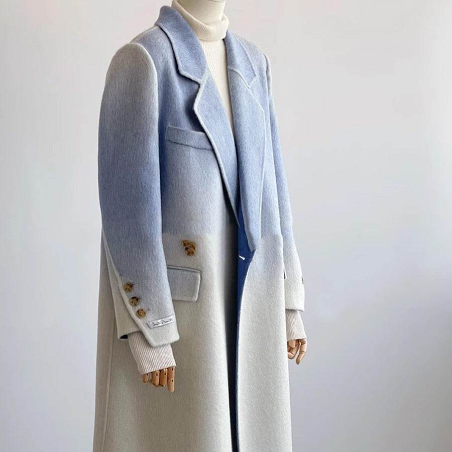 Elegant Blue Gradient Woolen Coat - Double-Faced, Stylish Commuter Design - Buy Center
