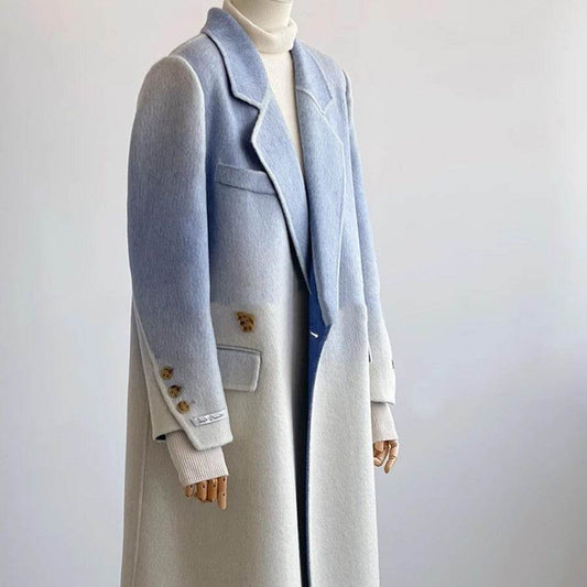 Elegant Blue Gradient Woolen Coat - Double-Faced, Stylish Commuter Design - Buy Center