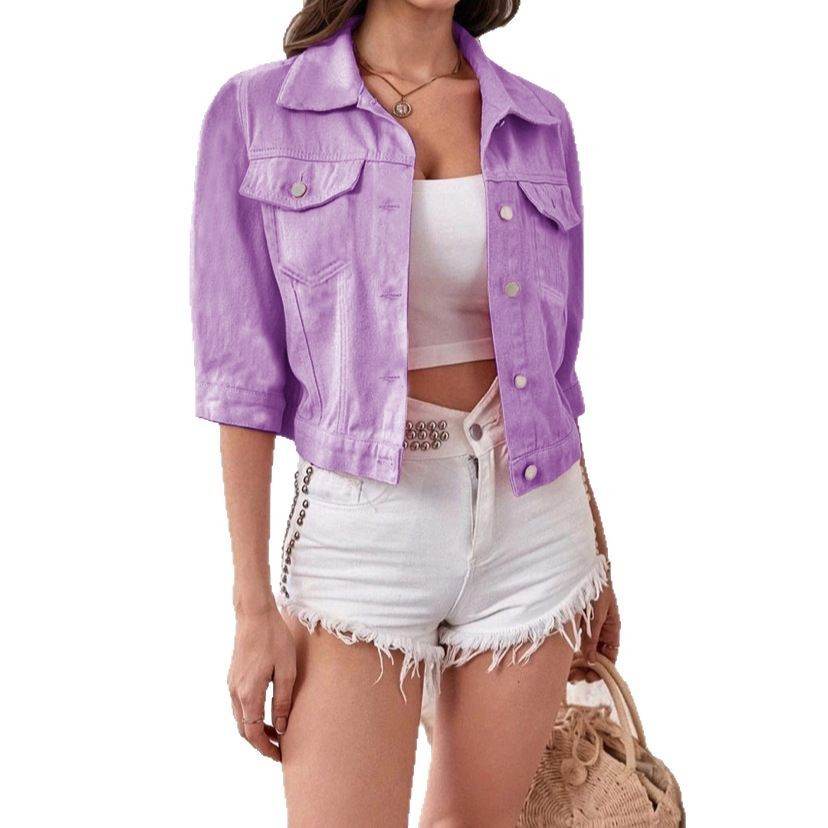 Buycenter Women's 3/4 Sleeve Colorful Denim Jacket - Stylish Spring Fashion - Buy Center