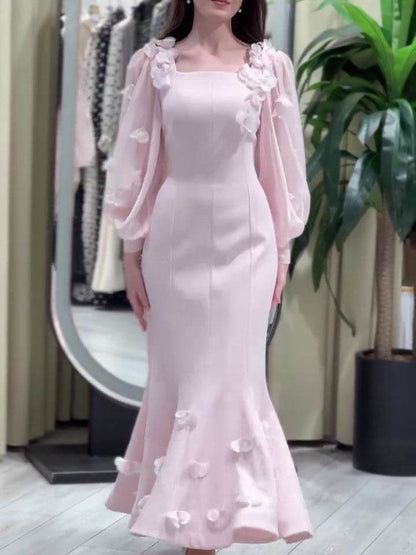 Buycenter Elegant Flower Embellished Long Sleeve Fishtail Maxi Dress - Buy Center