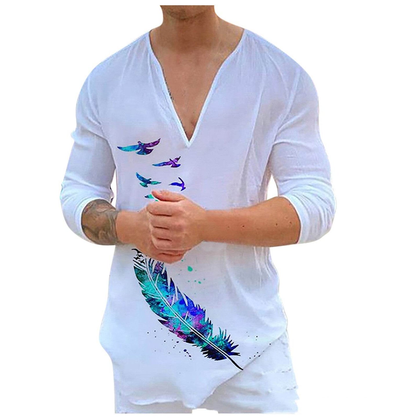 Men's V-Neck Casual Print Long Sleeve T-Shirt - Slim Fit Cotton Blend 2025 - Buy Center
