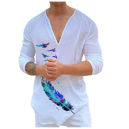 Men's V-Neck Casual Print Long Sleeve T-Shirt - Slim Fit Cotton Blend 2025 - Buy Center
