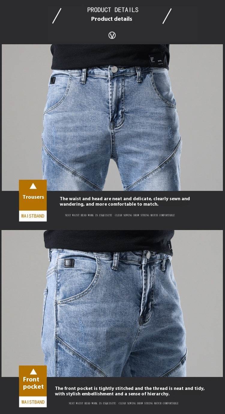 Men's Elastic Stitching Embroidered Jeans - Light Blue Denim Style - Buy Center