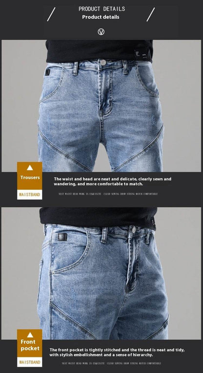Men's Elastic Stitching Embroidered Jeans - Light Blue Denim Style - Buy Center