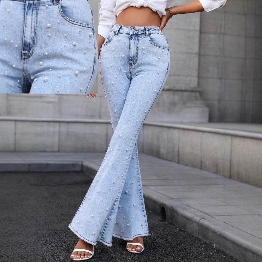 Trendy High Waist Pearl Jeans - Stretch Denim for Modern Women - Buy Center