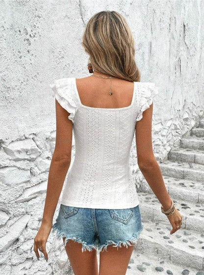 Women's Ruffled Square Collar Slim T-shirt - Stylish Short Sleeve Top - Buy Center