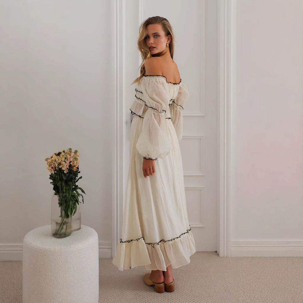 Off-neck Puff Sleeve Vacation Top Suit - Stylish Apricot Set for Women - Buy Center