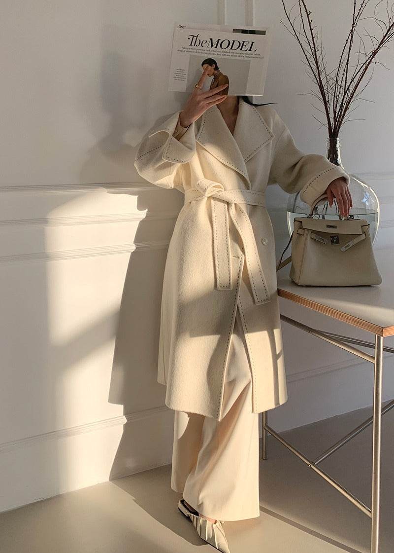 Buycenter Double-faced Woolen Overcoat - Long Fur Lapel, Lace-up Style - Buy Center