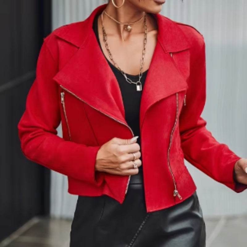 Chic Red Suede Motorcycle Jacket - Trendy Women's Fashion 2025 - Buy Center