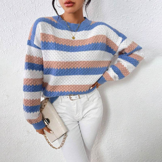 Buycenter Striped Casual Sweater - Round Neck, Long Sleeve for Women - Buy Center