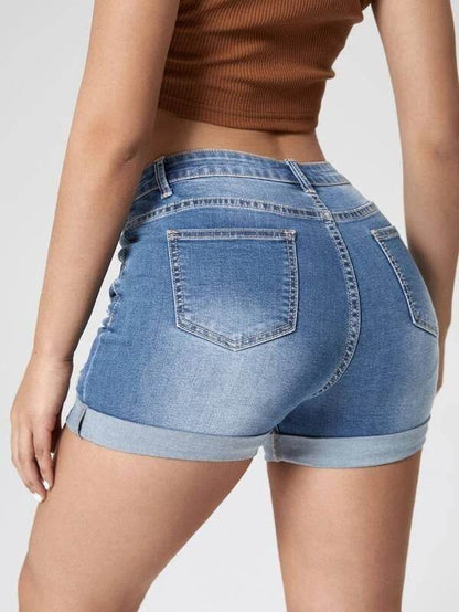 Buycenter Women's High Waist Denim Shorts - Curling Holes, Street Fashion - Buy Center