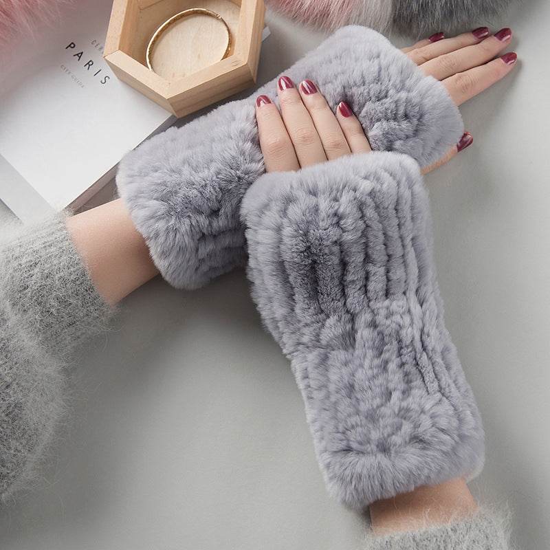Sweet Warm Rex Rabbit Fur Gloves - Cozy Half Finger Design for Winter - Buy Center