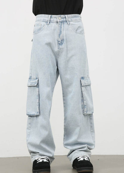Retro Light Blue Cargo Jeans for Men - Trendy Korean Style, Loose Fit - Buy Center