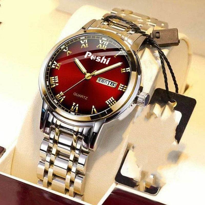 Men's Steel Band Quartz Watch - Luminous, Waterproof, Double Calendar - Buy Center