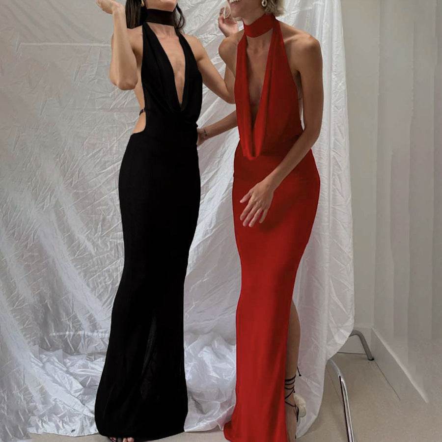 Sexy Halter V-Neck Backless Dress - Black & Red Options for Modern Women - Buy Center