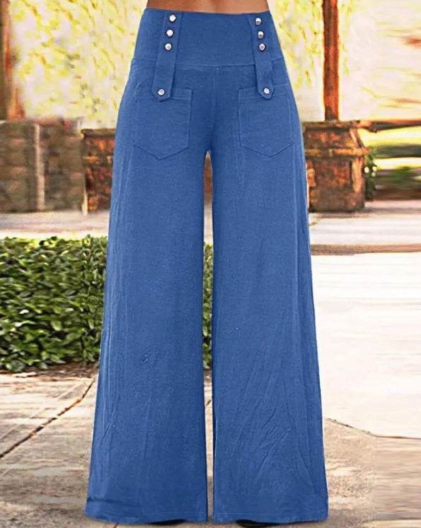 Ladies' Casual Wide Leg Pants - Solid Color with Button Design for Spring - Buy Center