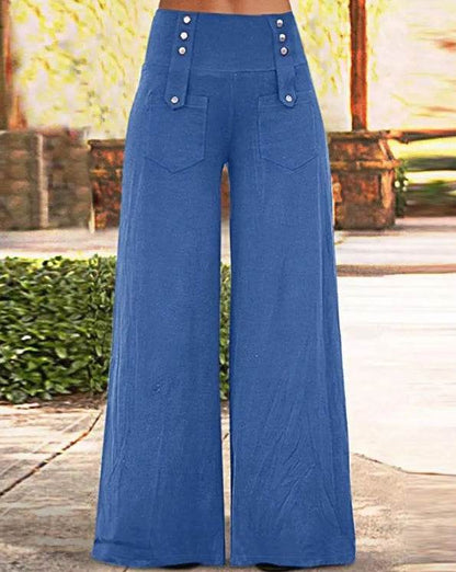 Ladies' Casual Wide Leg Pants - Solid Color with Button Design for Spring - Buy Center