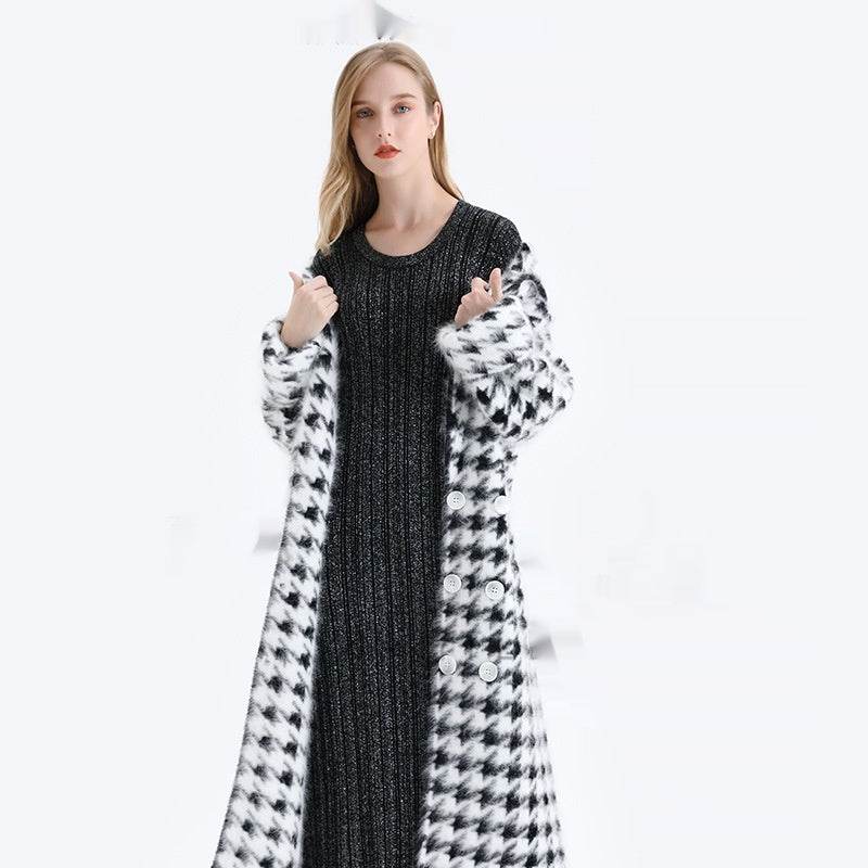 Buycenter Thick Mink Fur Coat for Women - Long Black and White Cardigan - Buy Center