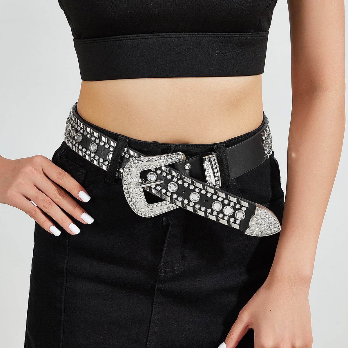 Punk Rhinestone Rivet Y2K Fashion Belt - Stylish PU Leather, Alloy Buckle - Buy Center