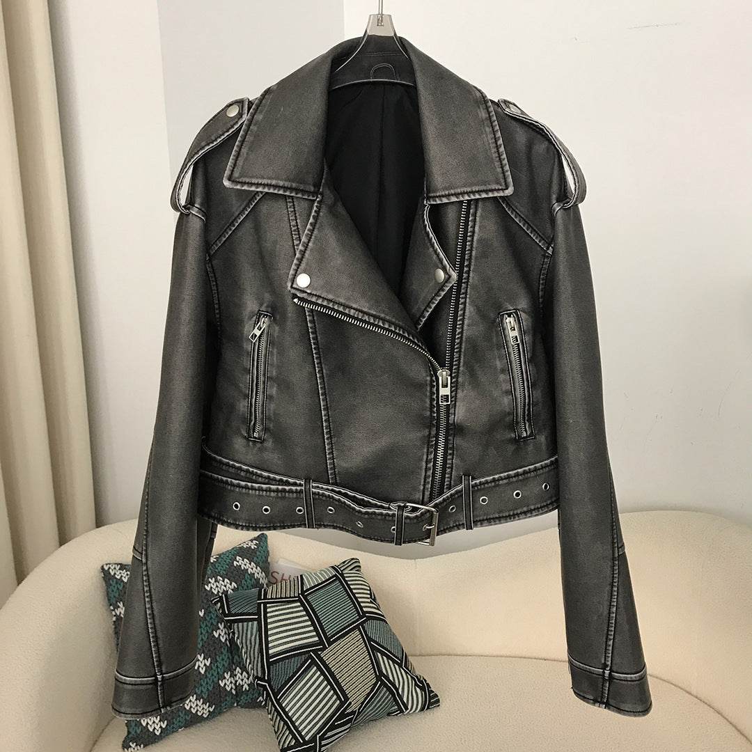Women's Two-Color Washed Leather Motorcycle Jacket - Slim Fit Stylish Coat - Buy Center