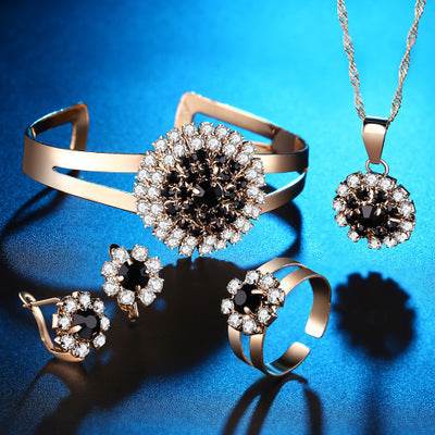 Elegant Flower Jewelry Set - Silver Necklace, Earrings, Ring & Bracelet - Buy Center