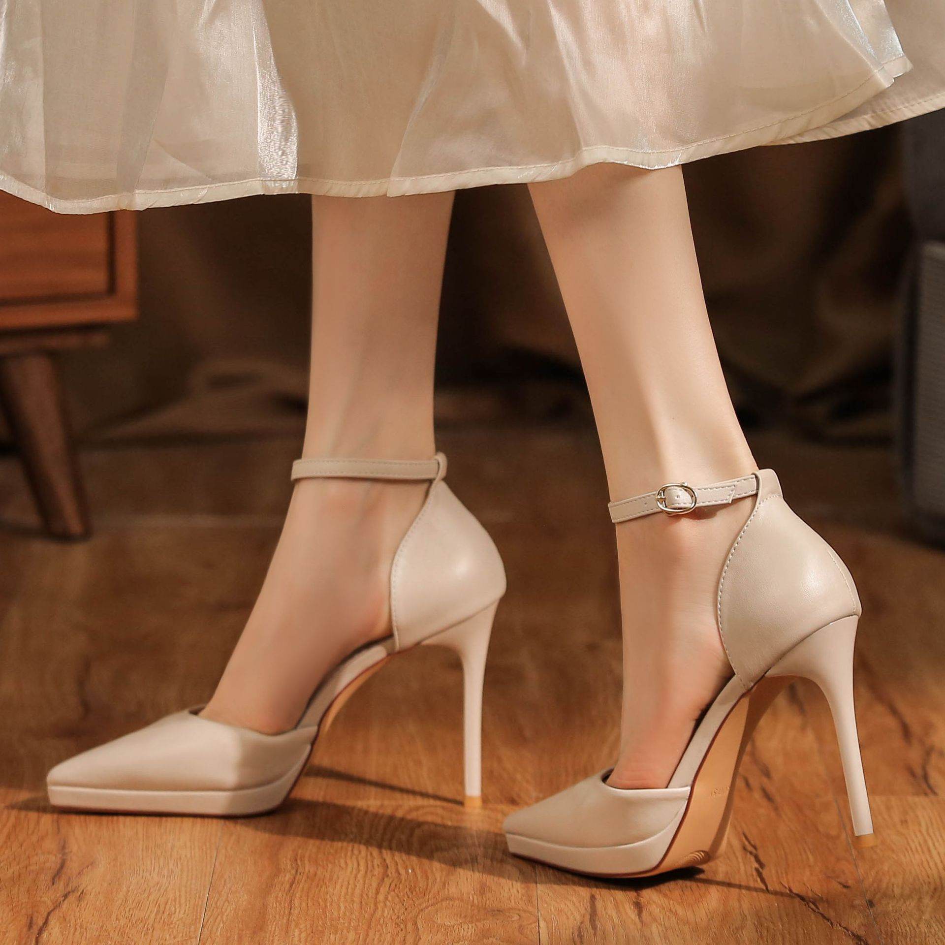 Stylish Leather Ankle Strap Stilettos - 10.5cm High Heels for Fashionistas - Buy Center