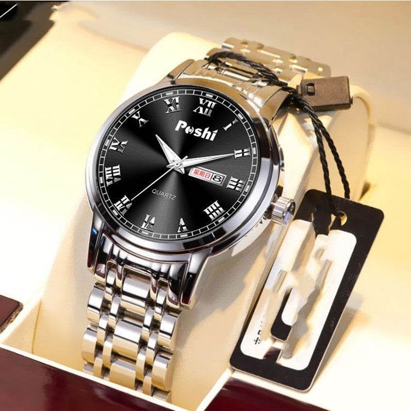 Men's Steel Band Quartz Watch - Luminous, Waterproof, Double Calendar - Buy Center
