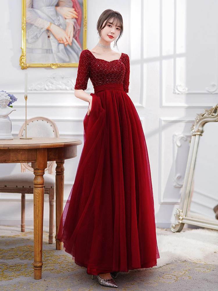 Buycenter Wine Red Long Sleeve Evening Dress - Elegant Back Door Style - Buy Center