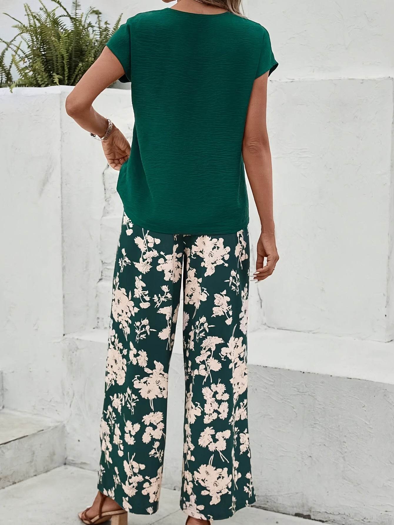 Casual Women's Spring & Summer Pants Set - V Neck & Floral Print - Buy Center