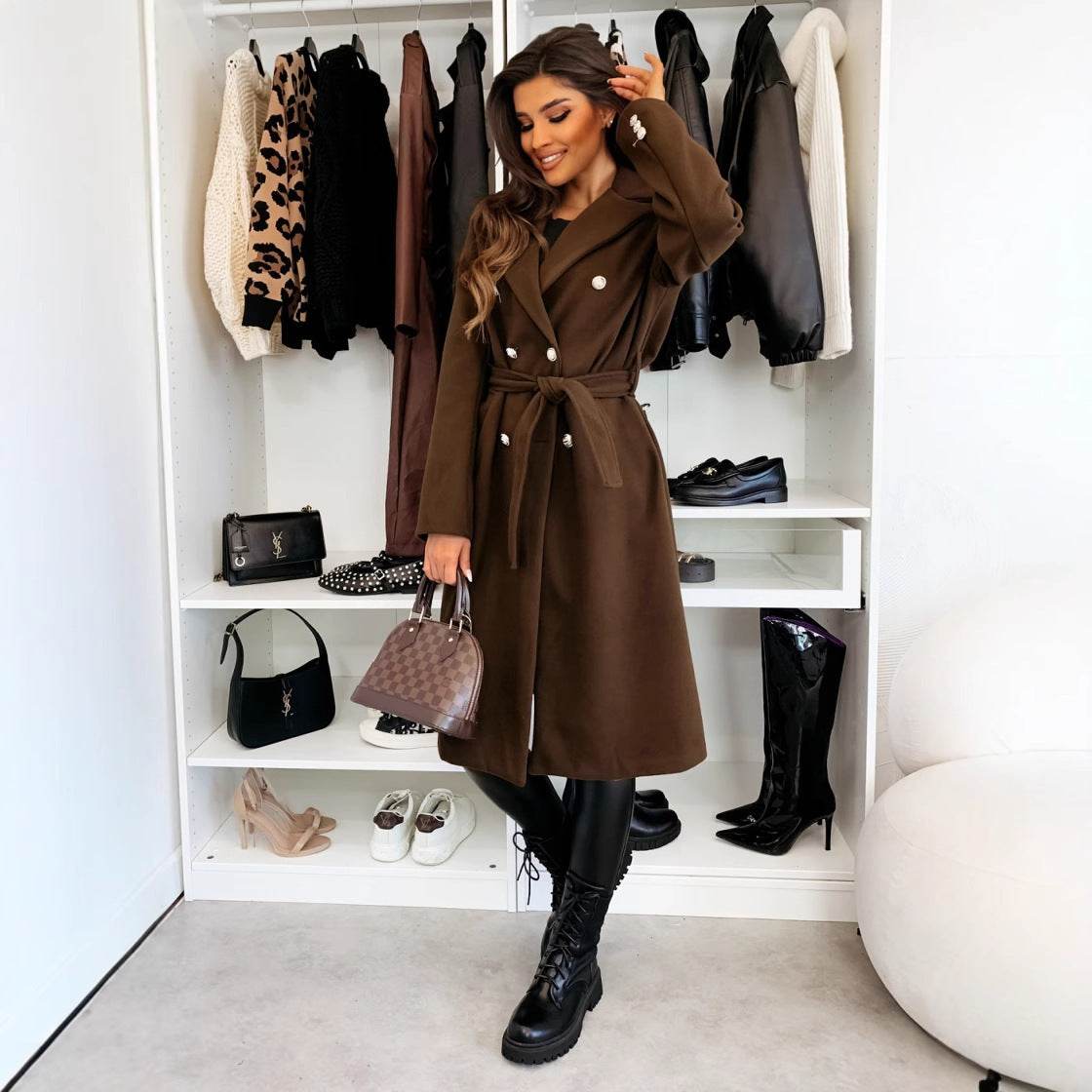 Stylish Double-Breasted Woolen Coat for Women - Trendy Lace-Up Design - Buy Center