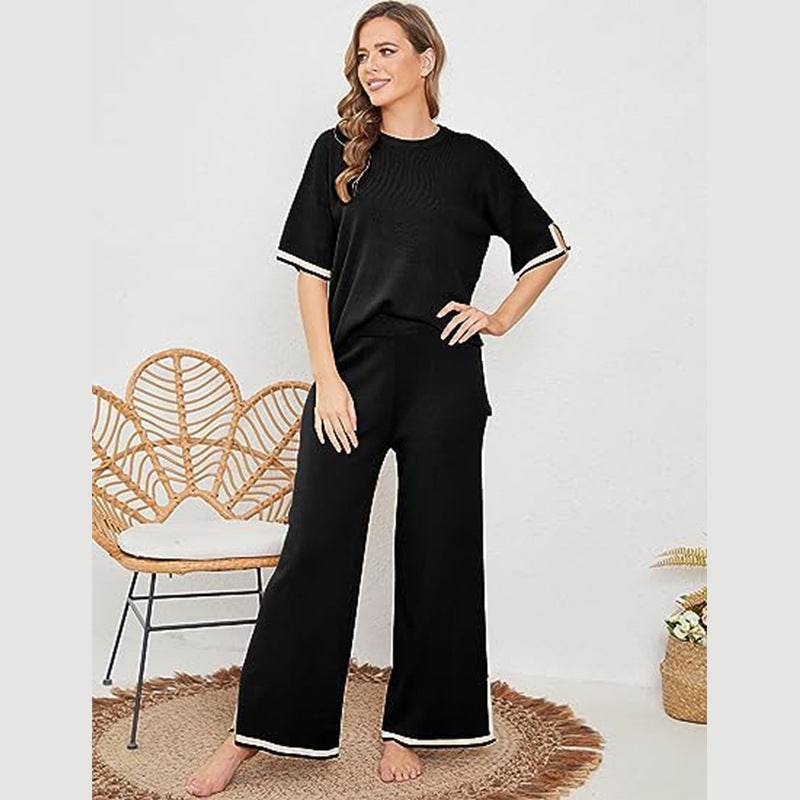 Buycenter New Knitting Suit - Short Sleeve Pullover & Wide Leg Pants - Buy Center