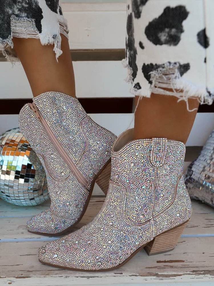 Buycenter Pointed High Heel Ankle Boots - Chunky Rhinestone Design - Buy Center