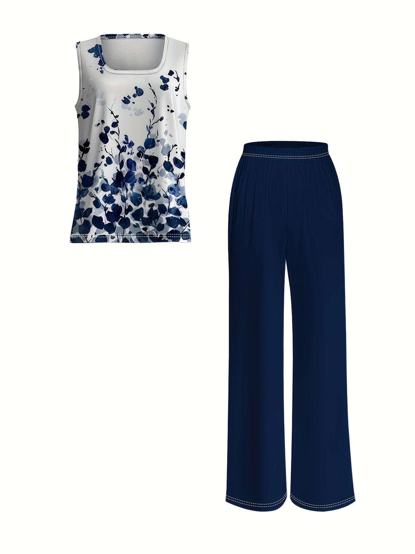 Elegant Floral Print Sleeveless Top & Wide-Leg Pants Set - Spring Fashion - Buy Center