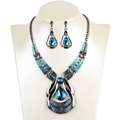 Exotic European-American Jewelry Set - Antique Oil Blue Necklace & Earrings - Buy Center